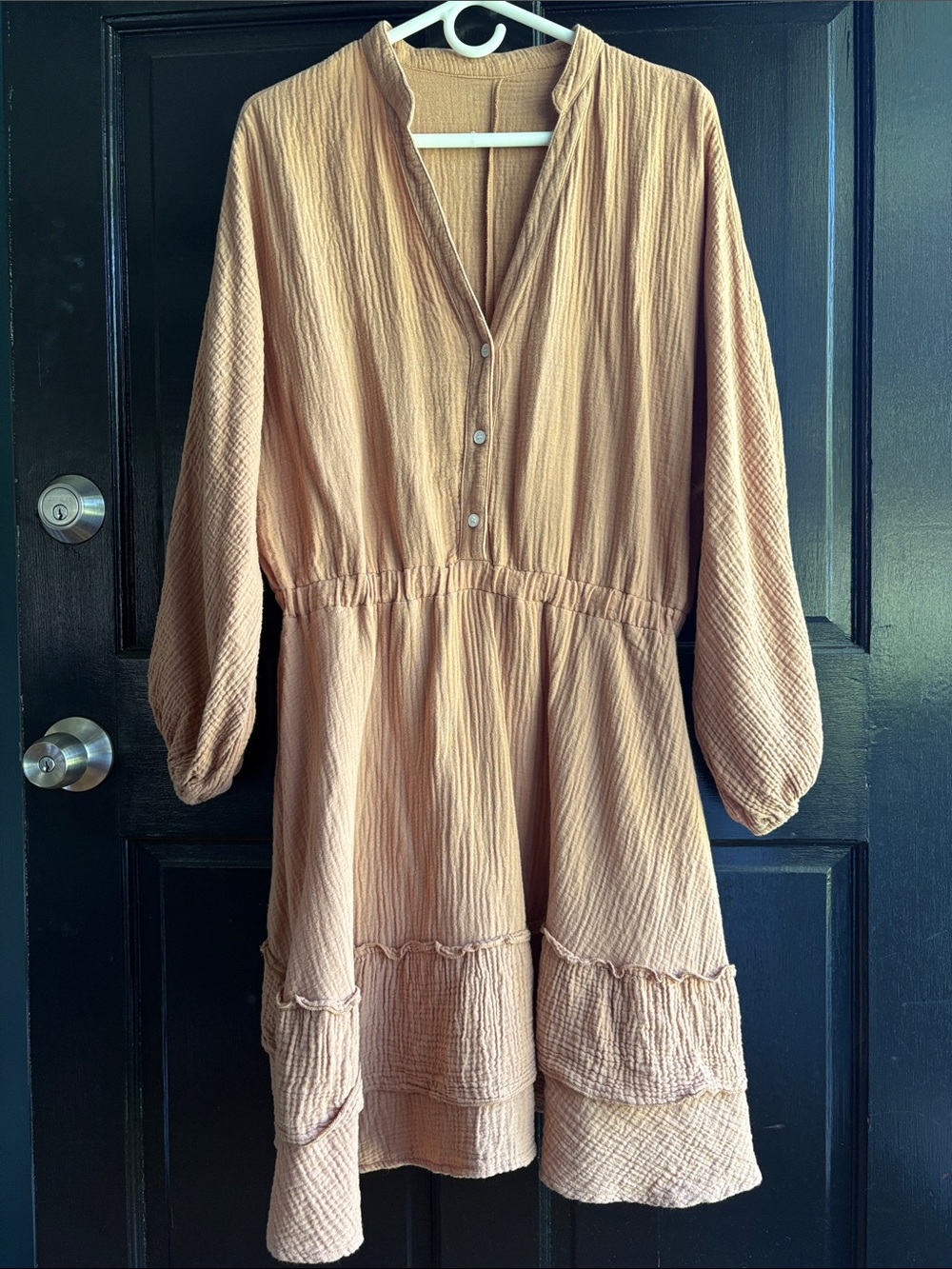 Women's Tan Balloon Sleeve Gauzy Dress